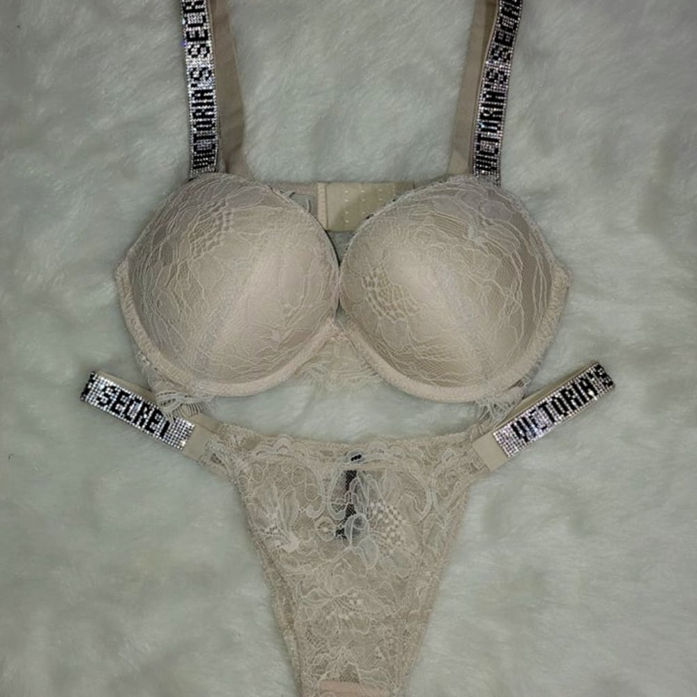 NEW SEXY Satin & Lace Rhinestone Strap Push-Up Bra